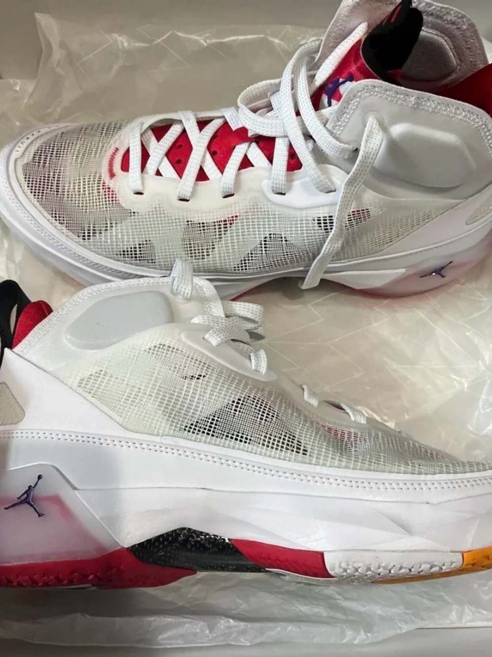Jordan White and Red Sneakers with Multicolor Tongue
